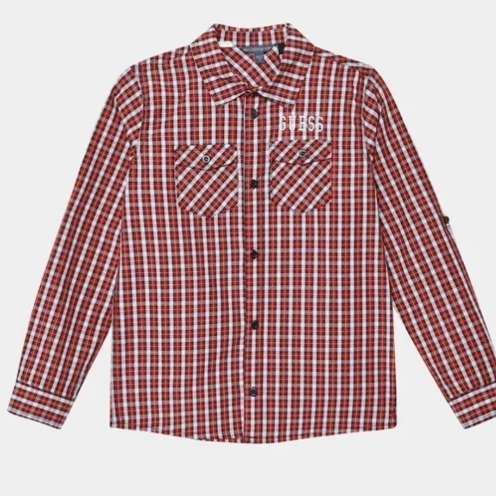 GUESS Big Boys All Over Print Poplin Woven Embroidered Logo Shirt boy’s shirt 14